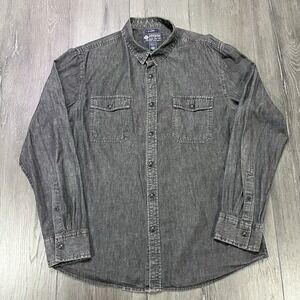 American Rag Mens Denim Pearl Snap Shirt XL Charcoal Western Stone Wash Pockets‎